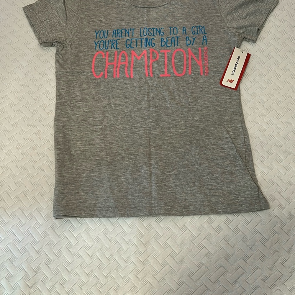 NWT New Balance Champion Heather Gray Tee with Vibrant Pink Text